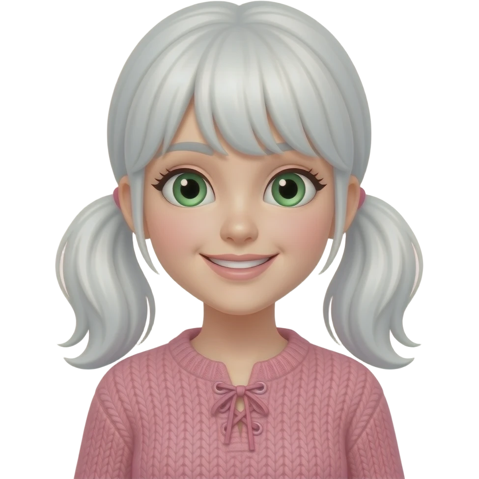 Half body emoji of a girl with white hair in two low ponytails on her sides, green eyes, smiling, in pink sweater with laces emoji