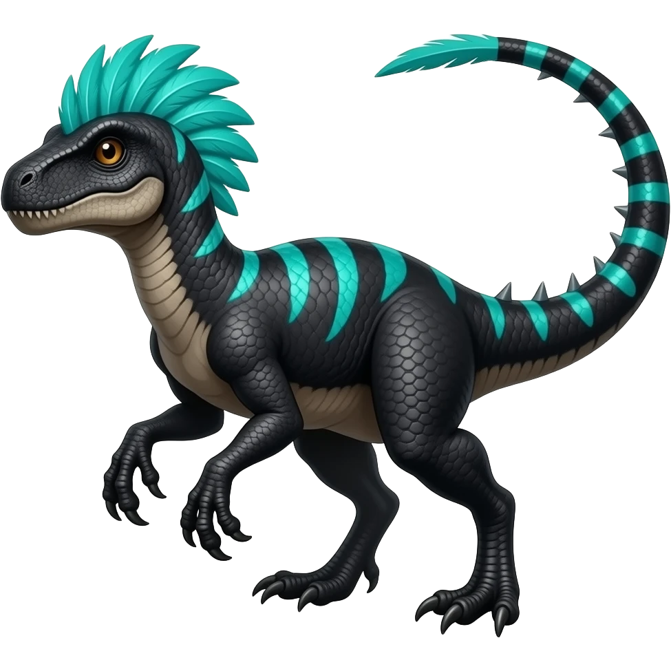 Cool edgy fiery black-scaled with neon-cyan stripe markings digitigrade bipedal futuristic raptorik fantasy-Cyberpunk-Steampunk-Solarpunk-Genesect-Salamence-Cyclizar-Salazzle-Feraligatr-Fakémon-animal-hybrid, with neon feather-mane, and a tail blade, back spikes, full body emoji