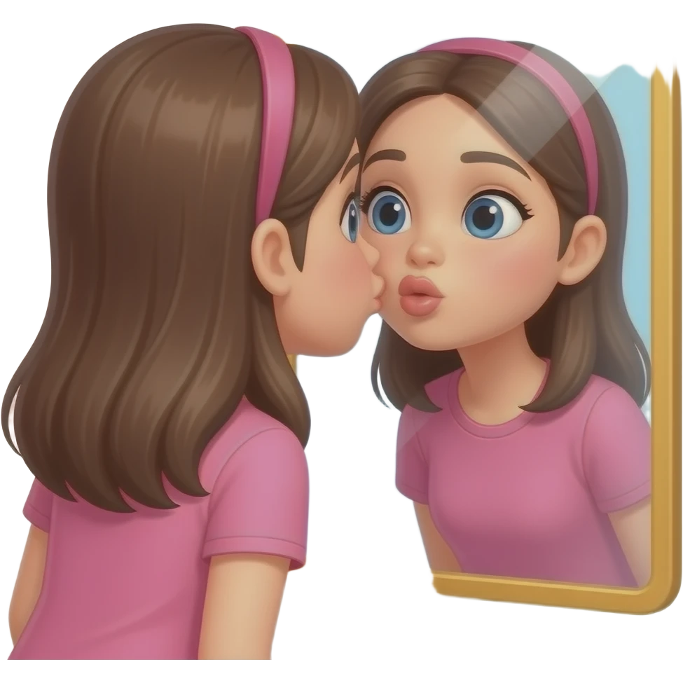 Девушка в розовом одежде смотрит в зеркало и целует свое отражение emoji
