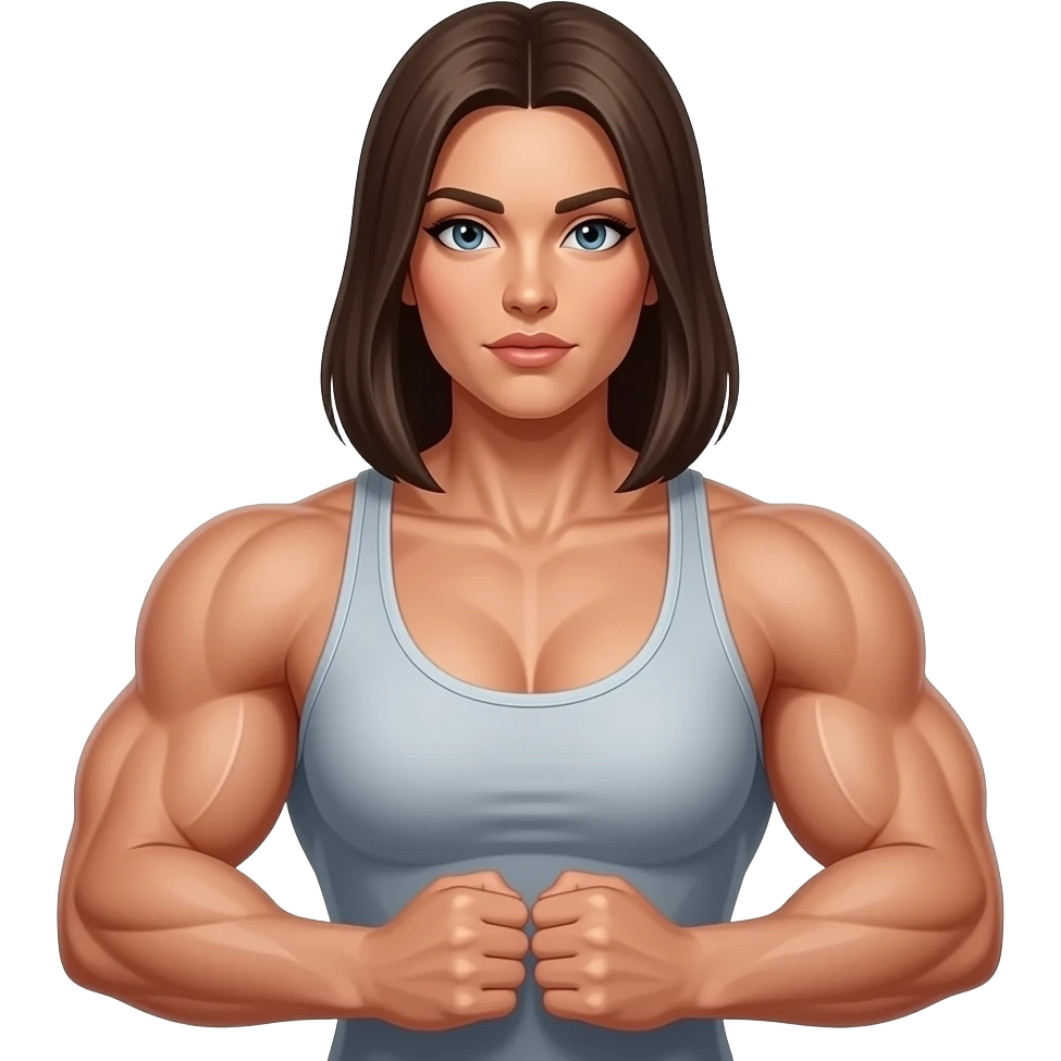 A medium shot captures a powerfully built woman with a muscular physique, his chest and arms prominently displayed. sHe wears a tank top emoji