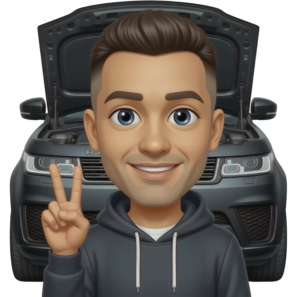 Black Range Rover svr hood open with driver holding peace sign and smiling with a buzz cut and hoodie emoji