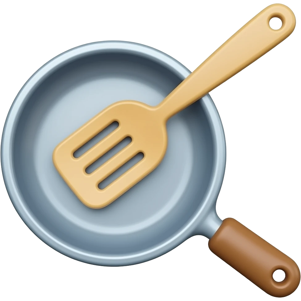 iOS-like 3D cooking emoji icon, cute frying pan and spatula only, soft rounded glossy texture, simple minimal design, clean white background, centered composition. No apples, no fruit, no background objects. emoji