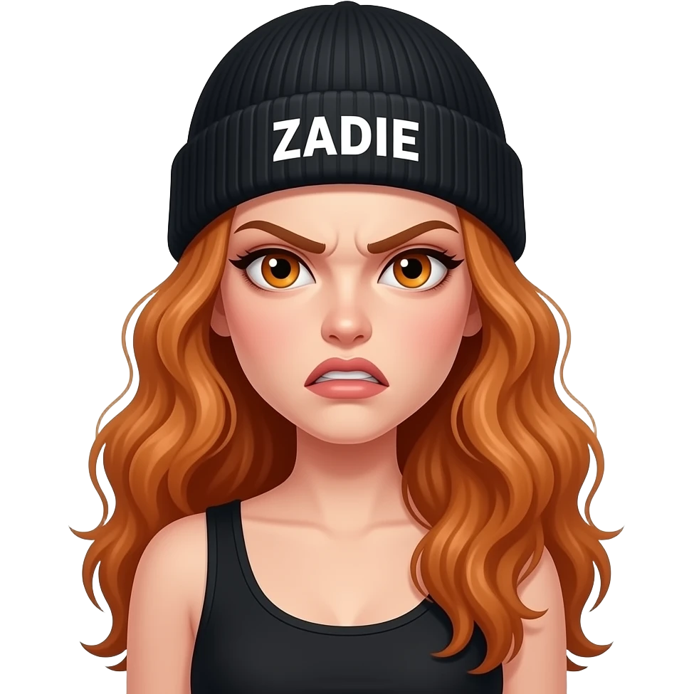 sexy girl with overlong wavy ginger hair and ginger eyes wearing a black tanktop and a black beanie with ZADIE written on it, is angry emoji