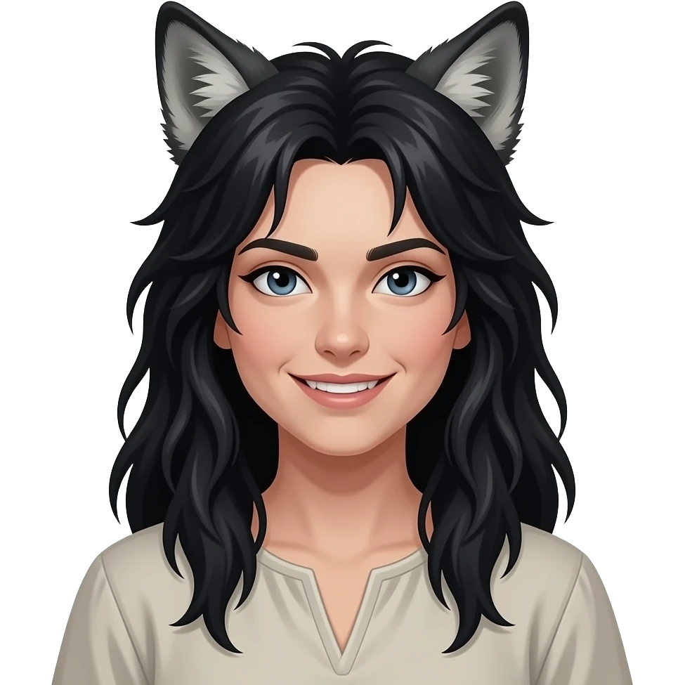 > “Female lycan portrait, long messy black hair, wolf ears, subtle fang smile, simple villager clothes, rough ordinary face, dark fantasy style” emoji