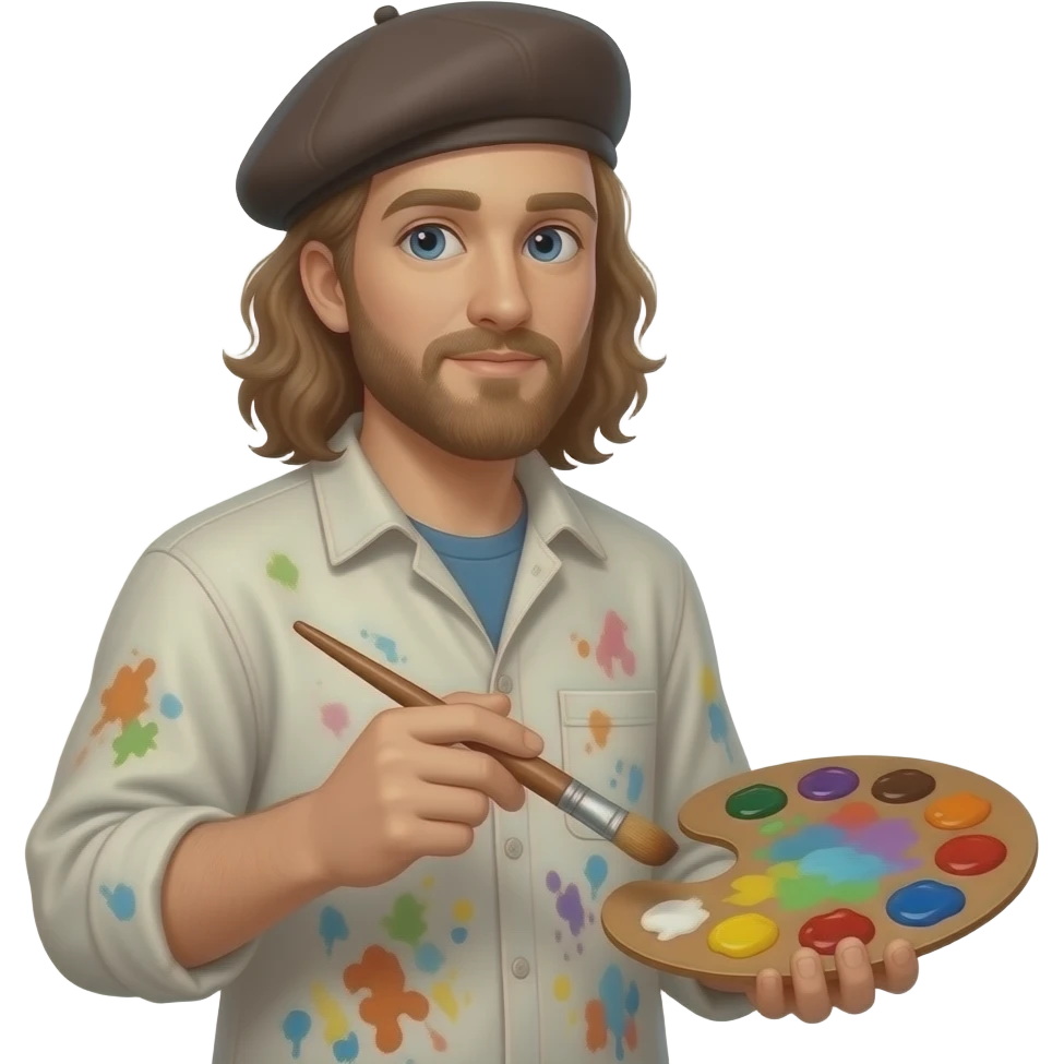 long hair male artist with beret paint-splattered smock emoji