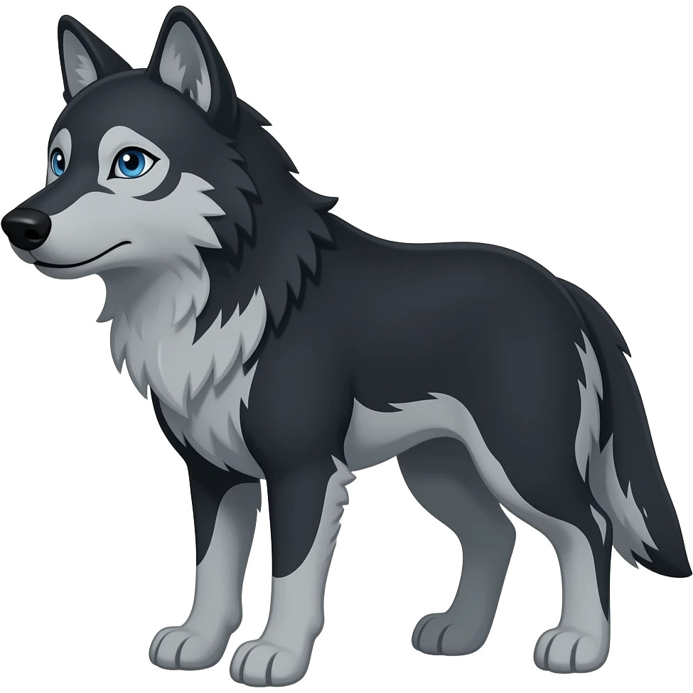black wolf with blue eyes and greyish white markings over the left eye around the eye,  and a light grey patch on the torso and tail emoji