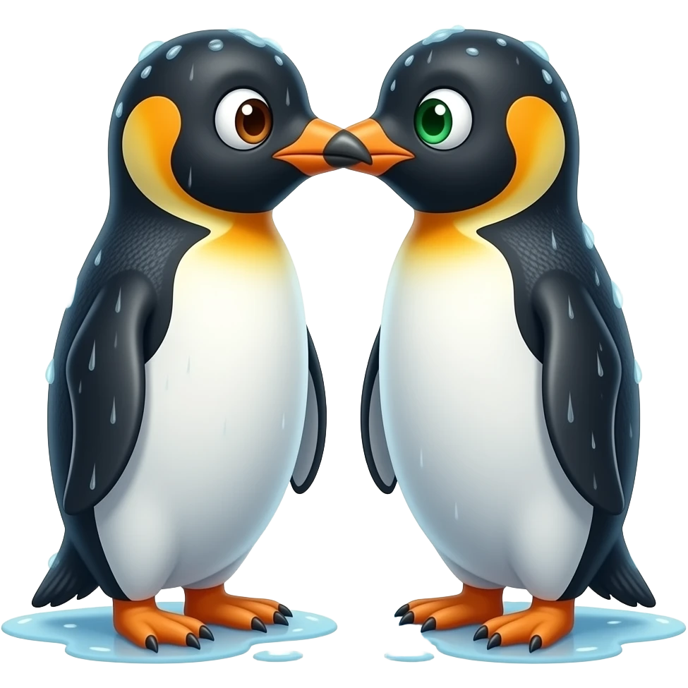 Two penguins kissing in the rain, one with brown eyes, one with green eyes emoji
