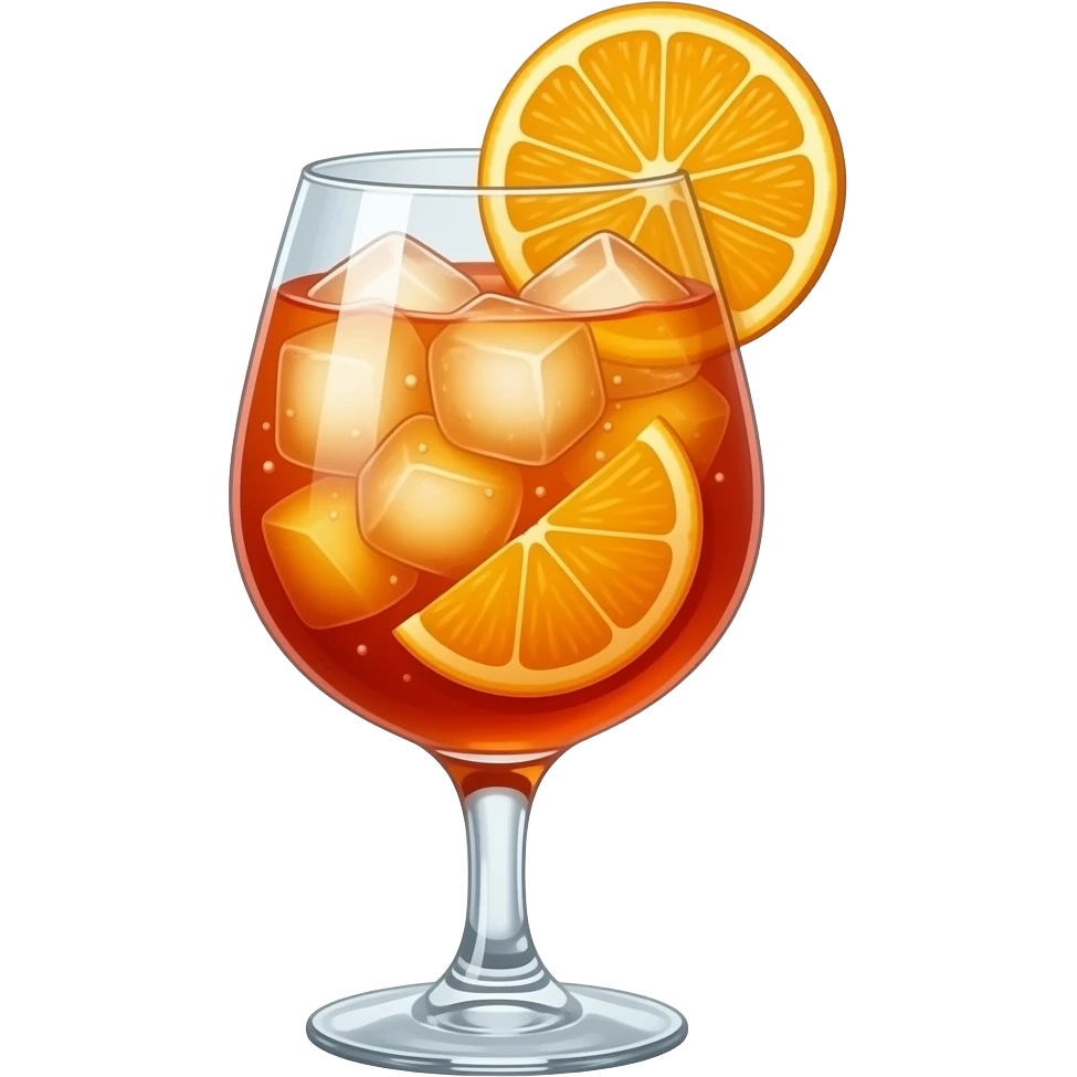 Aperol spritz in a stemmed hurricane glass with orange garnish and ice emoji