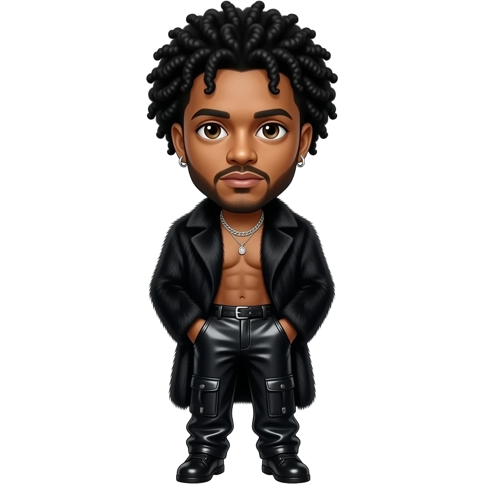 The Weeknd with dark brown eyes,  black afro hair, black fur coat, black chrome baggy pants, shirtless with necklace and earrings emoji