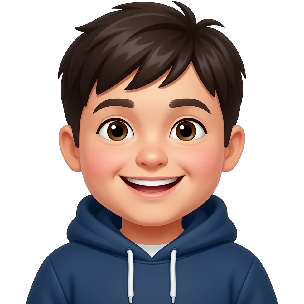 boy with dark hair smile widely chubby cheeks wearing dark blue hoodie emoji