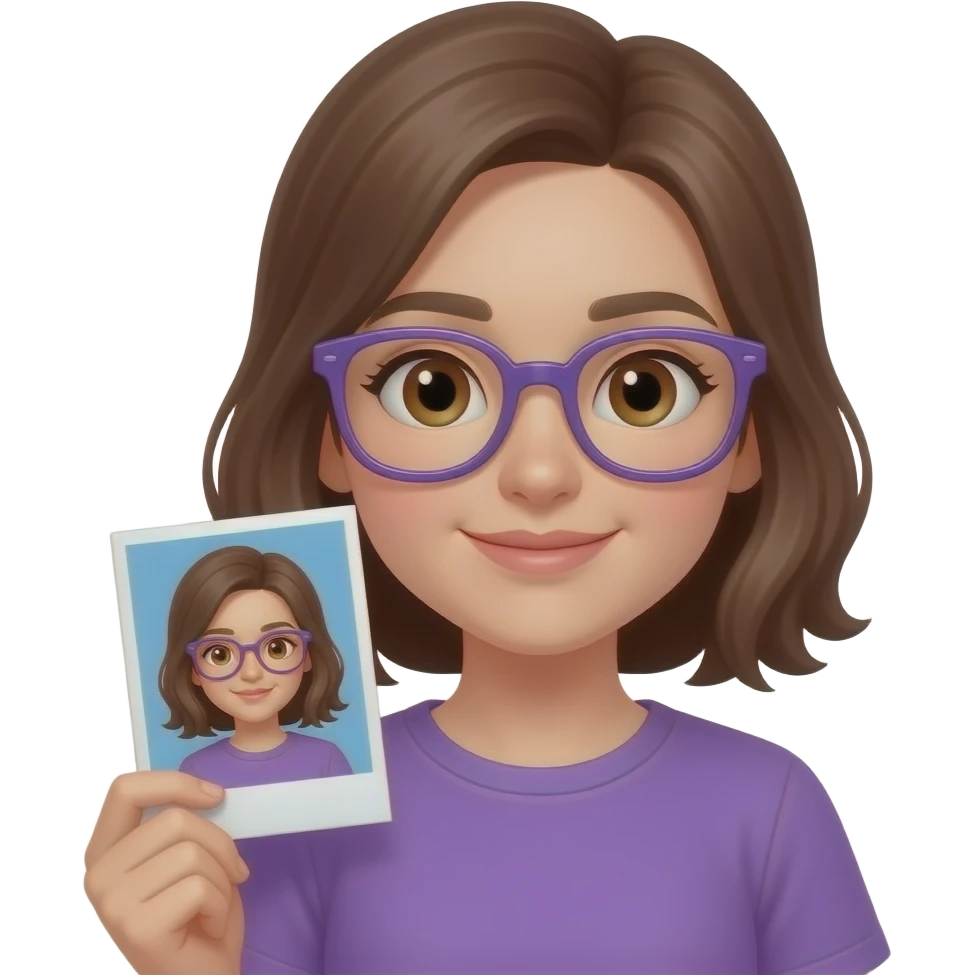 a teen girl with brown hair brown eyes and purple-bluish glasses holding a photo of herself emoji