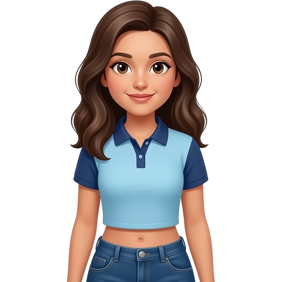 Hispanic girl with brown hair, light blue and dark blue polo, and dark blue jeans with a belly button emoji