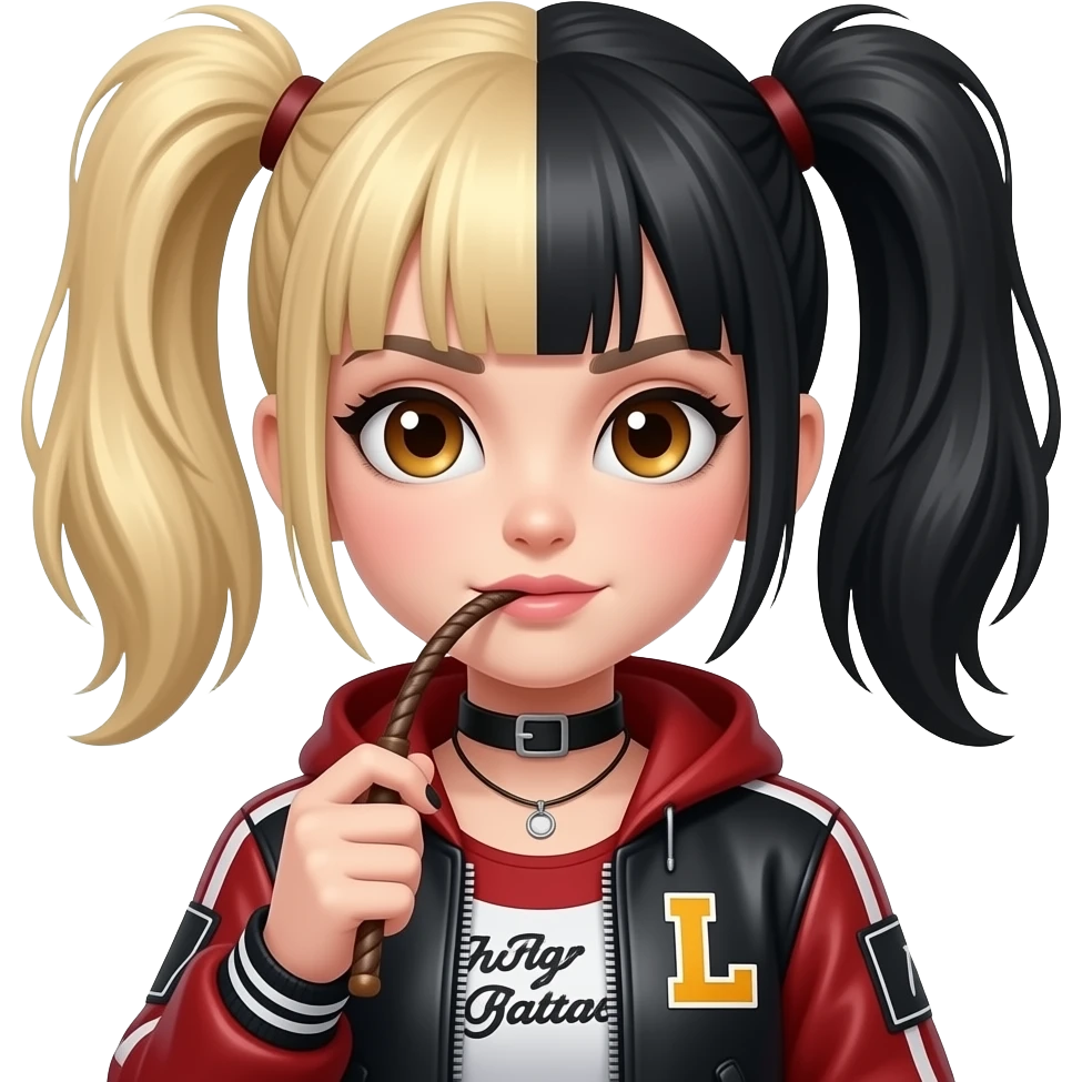 Punk girl with half blonde half black hair in pigtails with a letter L patch on jacket and brown eyes snapping whip emoji