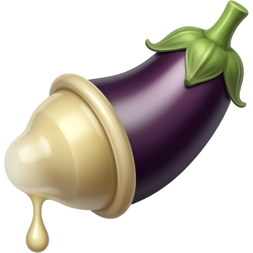 Über die Spitze einer Aubergine ist ein Kondom drüber gezogen, es ist glänzend und tropft an der spitze emoji