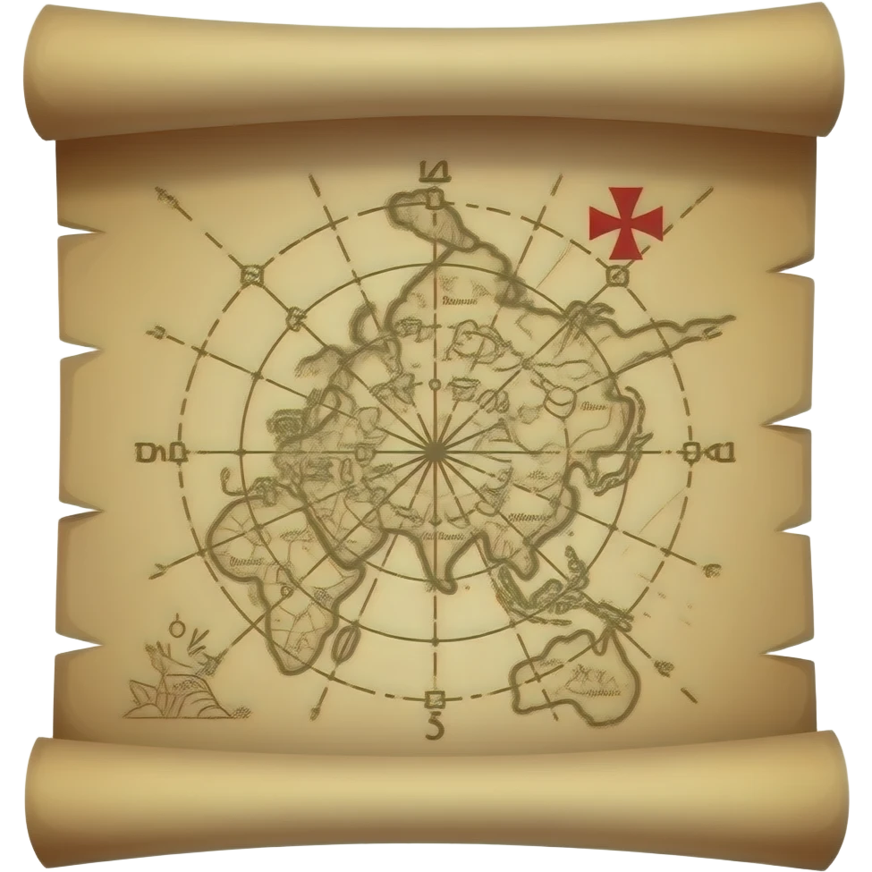 A treasure map, highly detailed,  a small red Maltese cross marks the location of the treasure, old parchment, slightly scrolled ends emoji