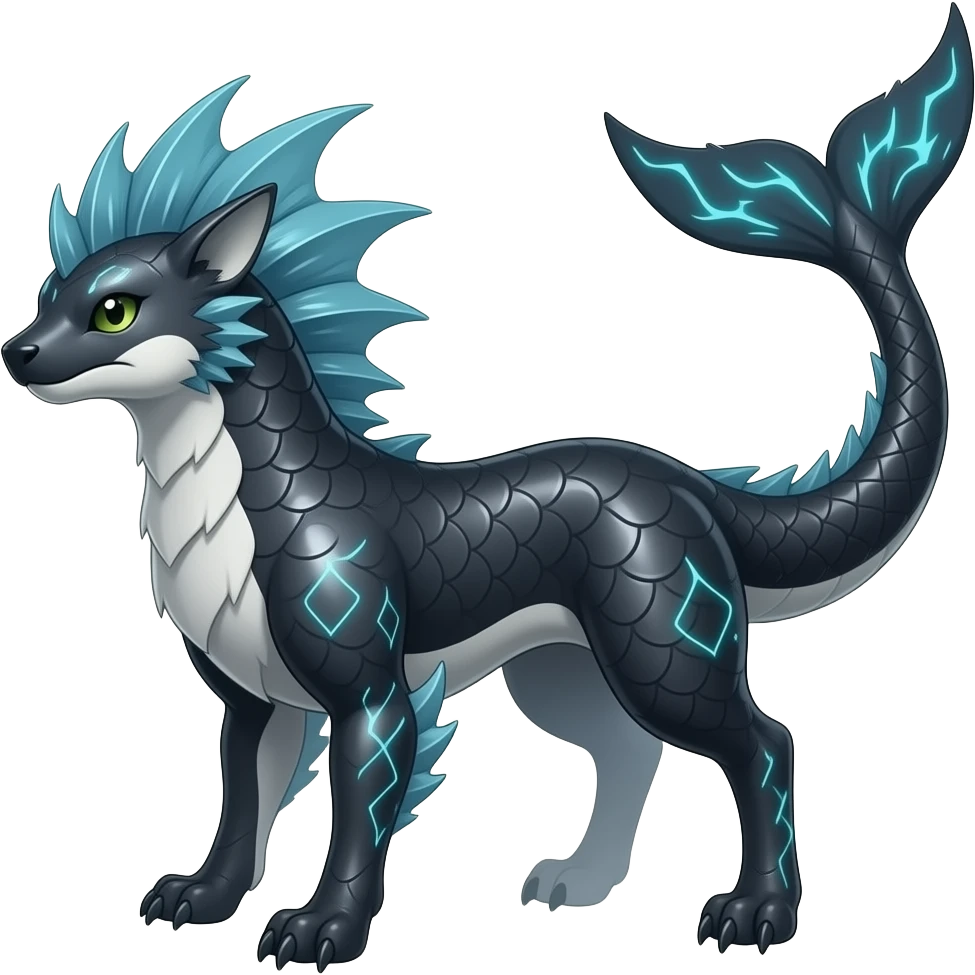Tough realistic Quadrupedal digitigrade shiny glossy smooth finned frilled gothic tall slim unique epic legendary shiny edgy cool cyberpunk-solarpunk-fantasy-Sharpedo-Sceptile-Sprigatito-Flyogn-Vaporeon-Electrike-Fakémon-hybrid with an orca tail emoji