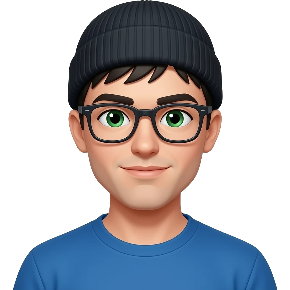 tall, early 20's, male, loose beanie, black hair, green eyes, glasses, attractive, blue marvel t-shirt emoji