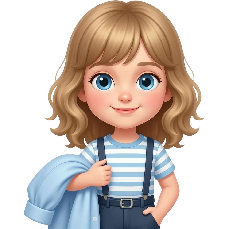 white kid blue eyes mid length with bangs soft curly hair to shoulders in color: middle to little darker blond, prepare outfit for tomorrow, a shirt trousers holding in her hand emoji