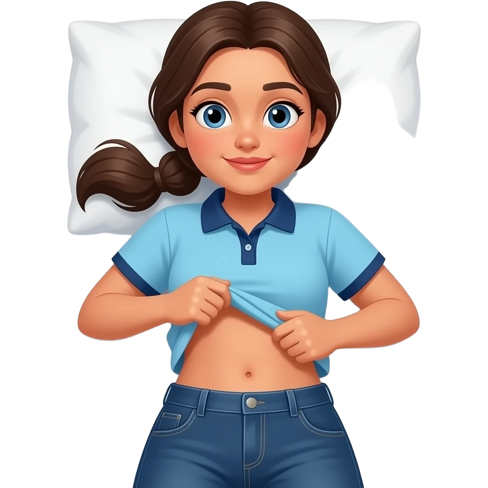 Hispanic girl with brown ponytail and blue eyes light blue and dark blue polo and dark blue baggy jeans and belly button laying down on her pillow on her bed lifting her shirt belly grabbing emoji