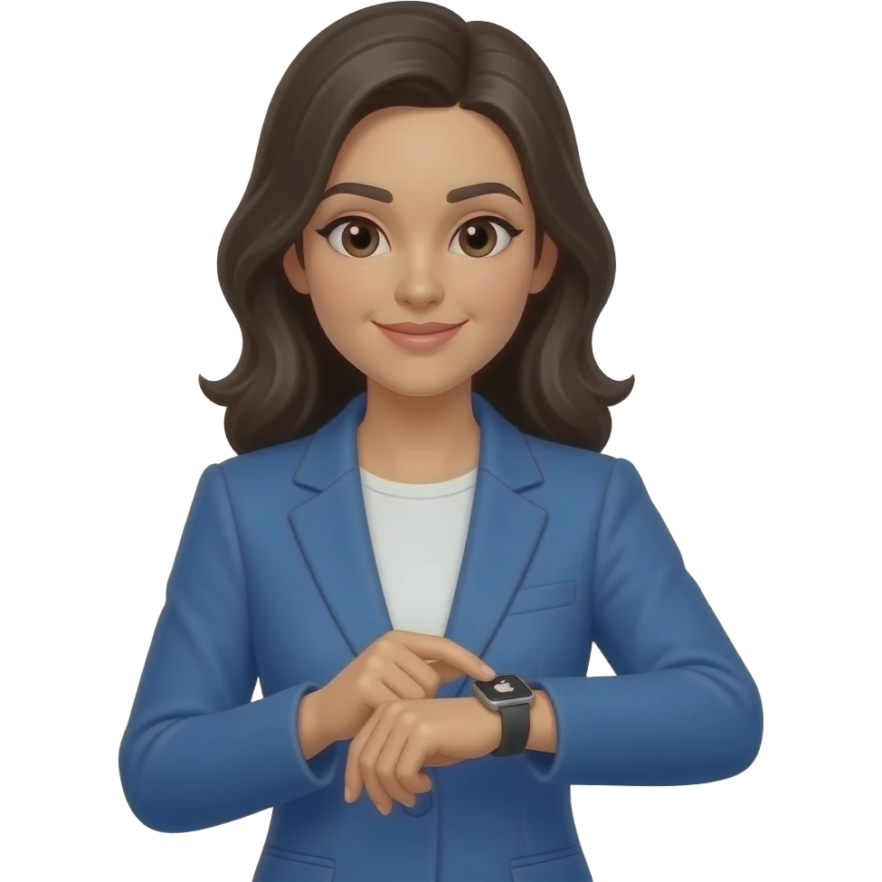 девушка с темными волосами  в голубом костюме  смотрит на часы APPl emoji