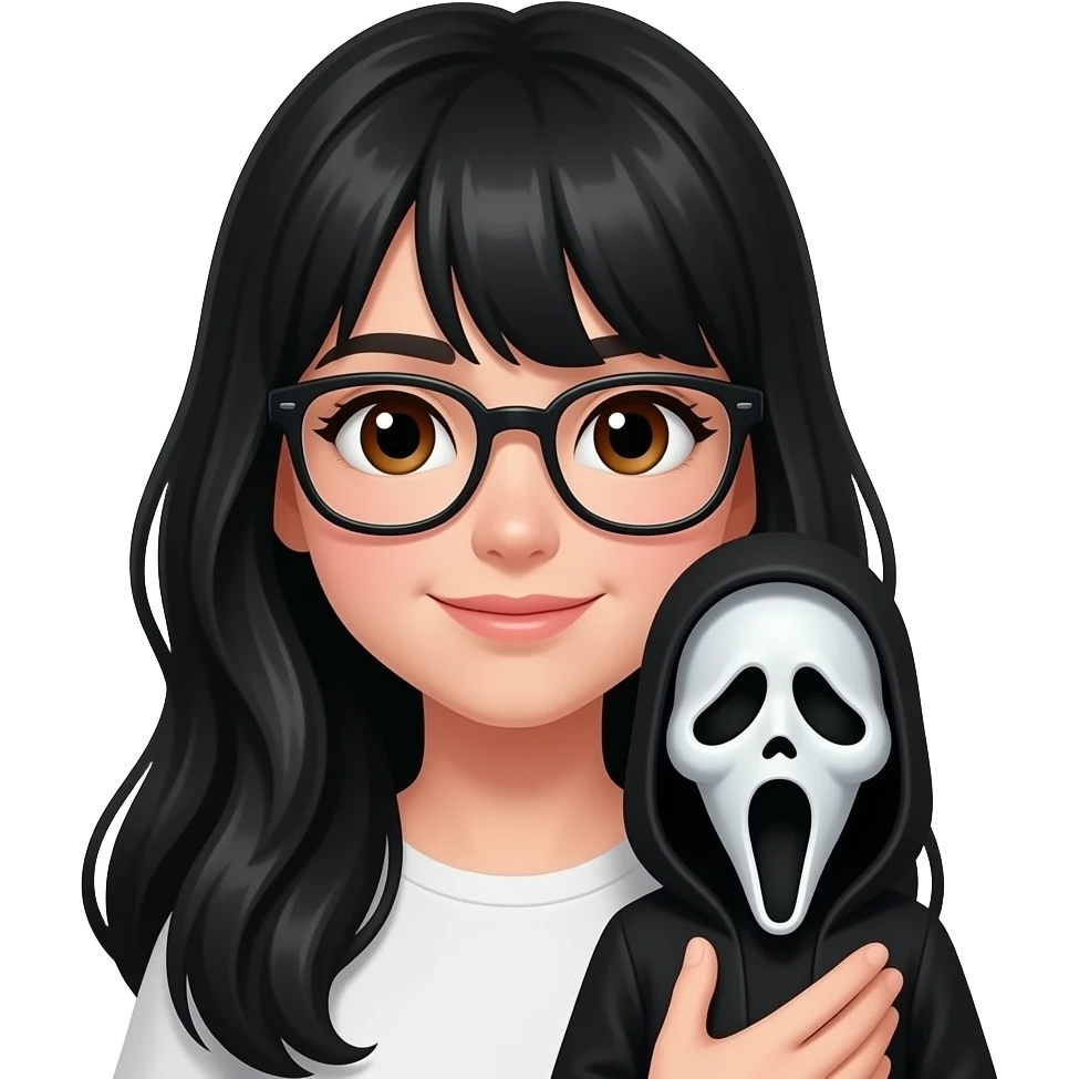 Girl with long black hair and brown eyes and glasses with Ghostface doll emoji