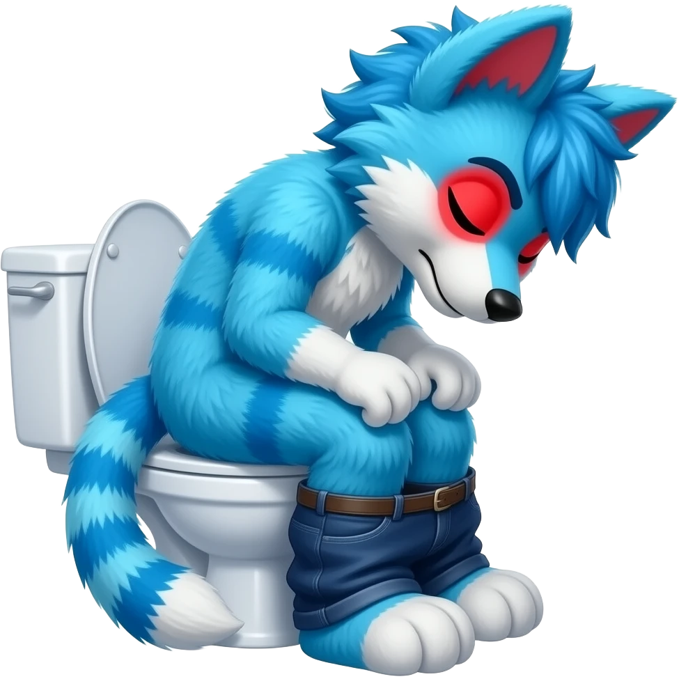 blue fursuit sitting on toilet, side view, pants down,  straining, red face, eyes close emoji