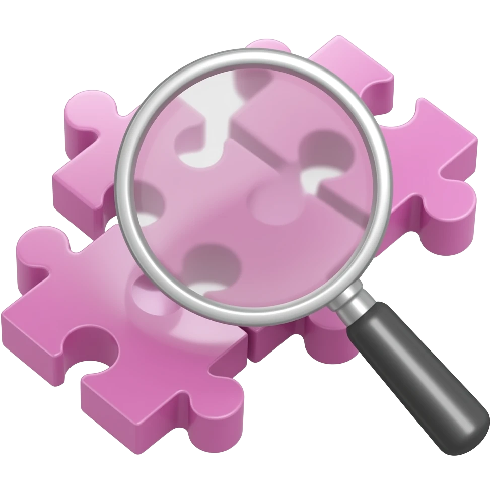 iOS style emoji icon: pink 3D puzzle pieces being examined by a large magnifying glass. Isometric view. High gloss, rounded edges, metallic silver frame on the magnifying glass. Isolated on transparent background. emoji
