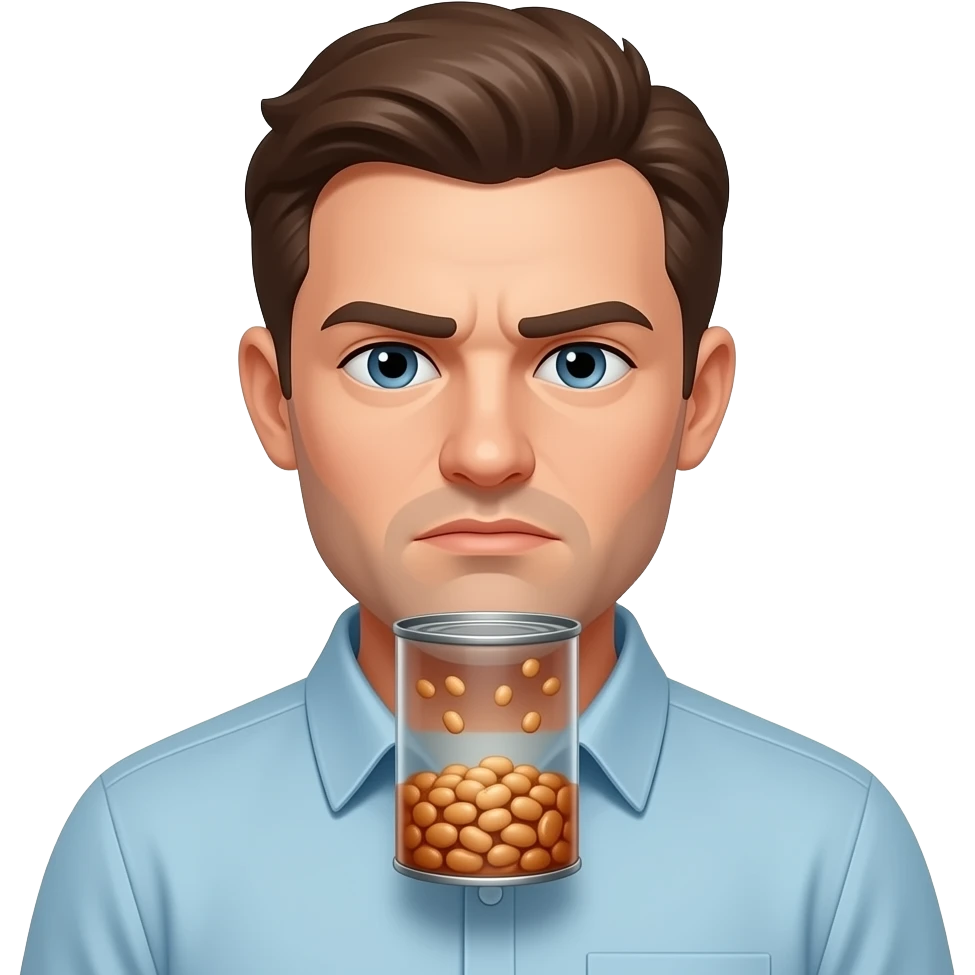 Man stares blankly  into a counting can of beans emoji
