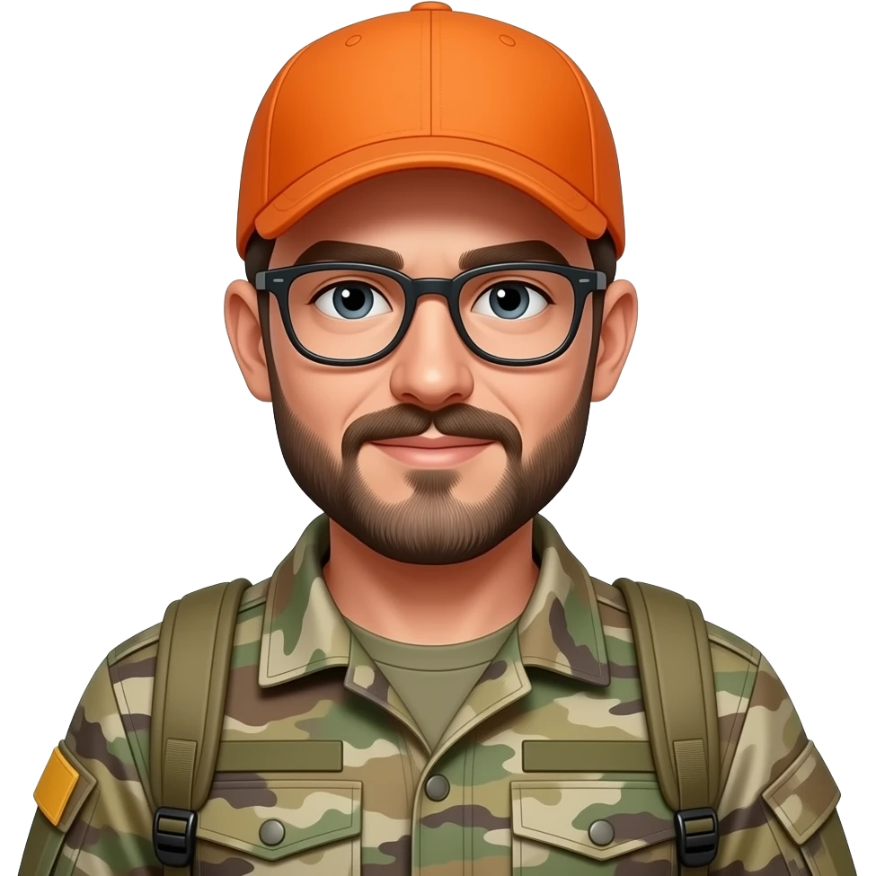 survivalist with orange cap, with glasses, with short beard and mustache, 25 yearsold, military jacket and backpack emoji