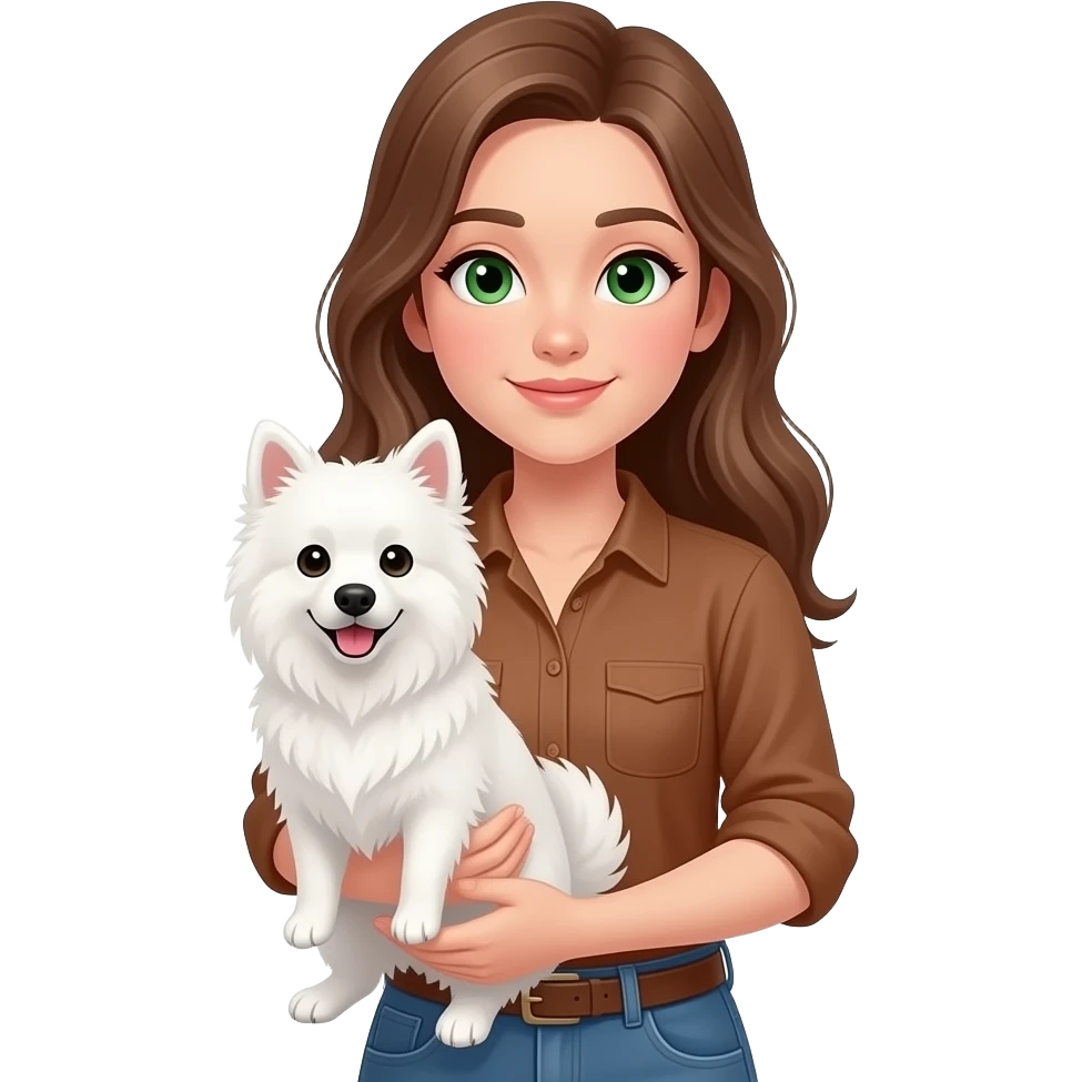 quero uma mulher adolescente blusa marrom olho verde com cabelo grande segurando um spitz alemão branco emoji