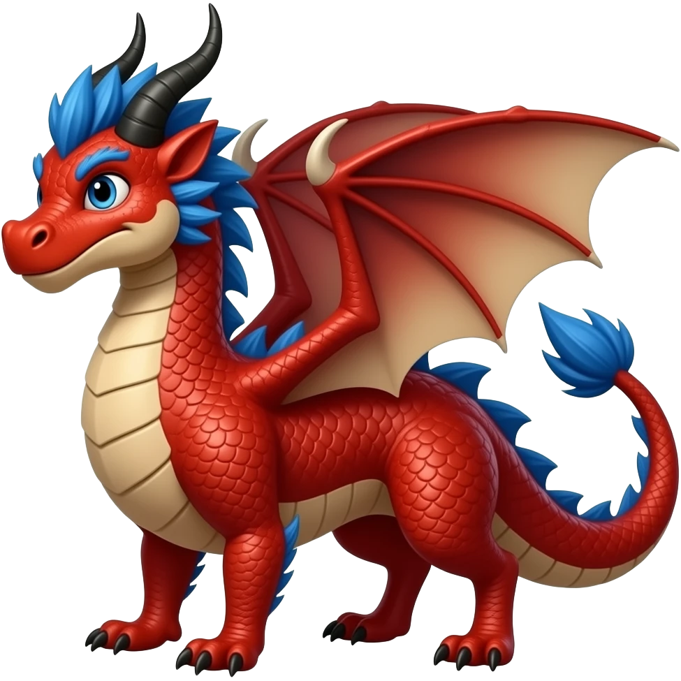 Drago orientale rosso dai capelli blu e corna nere e occhi blu emoji