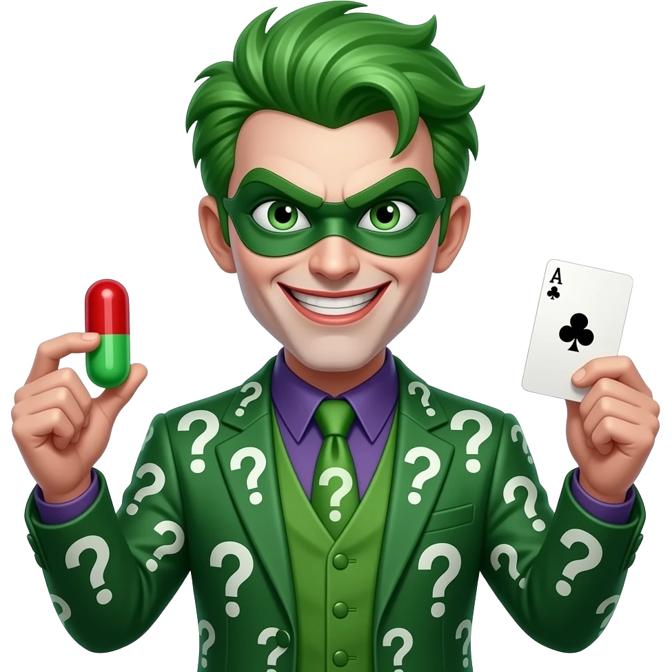 make suit green with question marks all over suit with green hair  and evil face and eye mask  and holding pill in one hand and playing card emoji