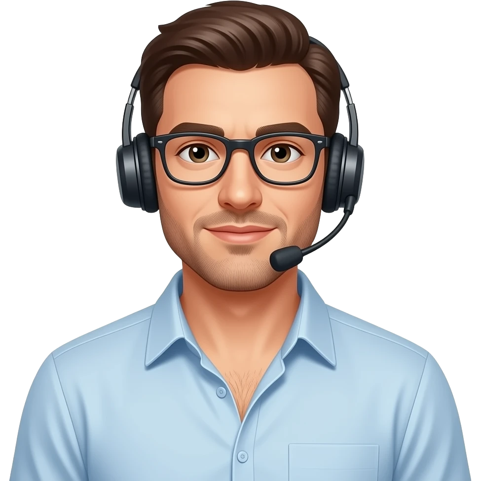 Portrait von einem typischen männlichen Büromann, mit offen Hemd und behaarter Brust. Er hat ein headset um den Kopf und eine Brille auf. emoji