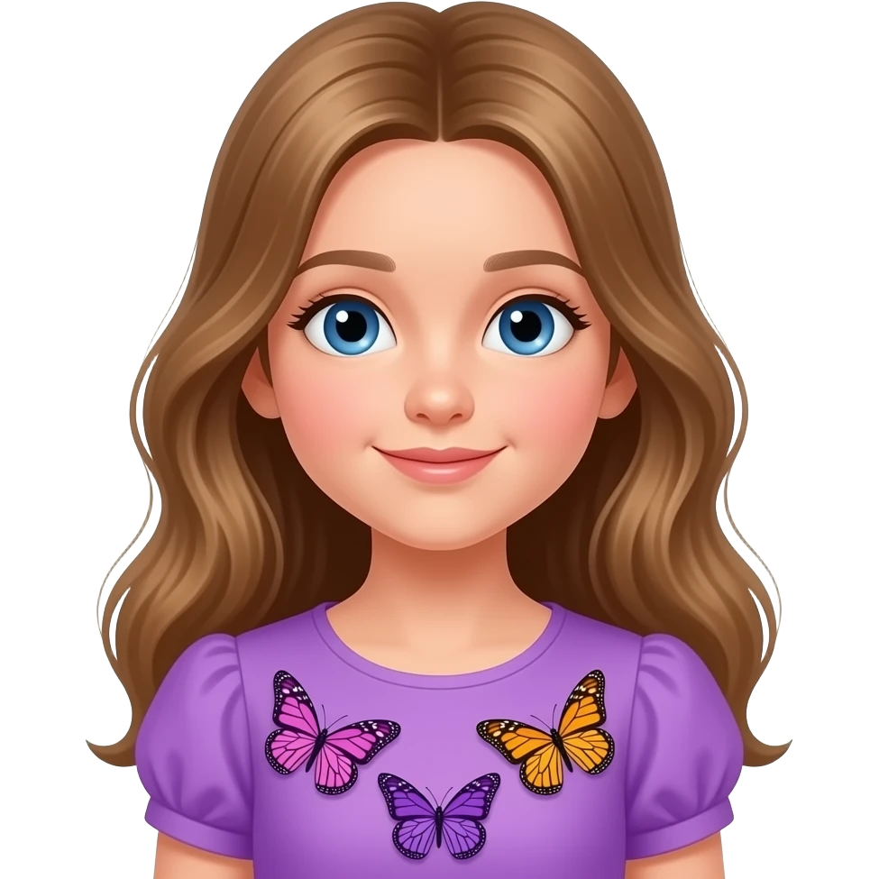 A nine year old girl with long brown blonde hair and blue Hazel eyes and she’s wearing a purple dress with butterflys on it emoji