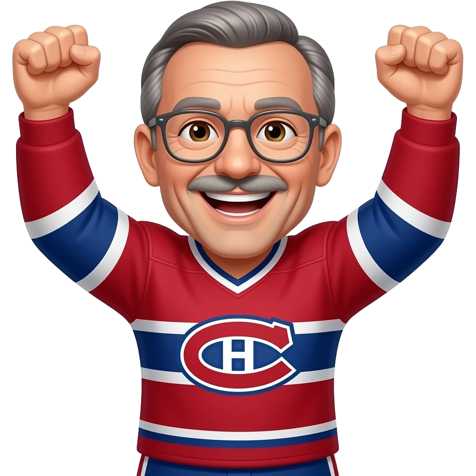 Guy, Brown eyes, bald, small mustache, under lips pinch thin gray glasses, 60 years old, Montréal Canadiens, smiling showing teeth, cheering arms up emoji