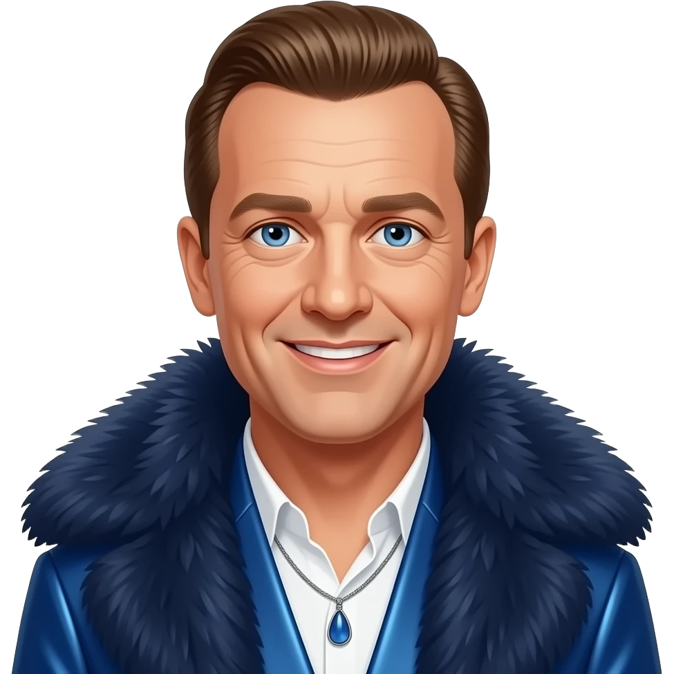 Bing Crosby with blue eyes, brown hair, navy fur shawl, blue metallic baggy pants, necklace emoji