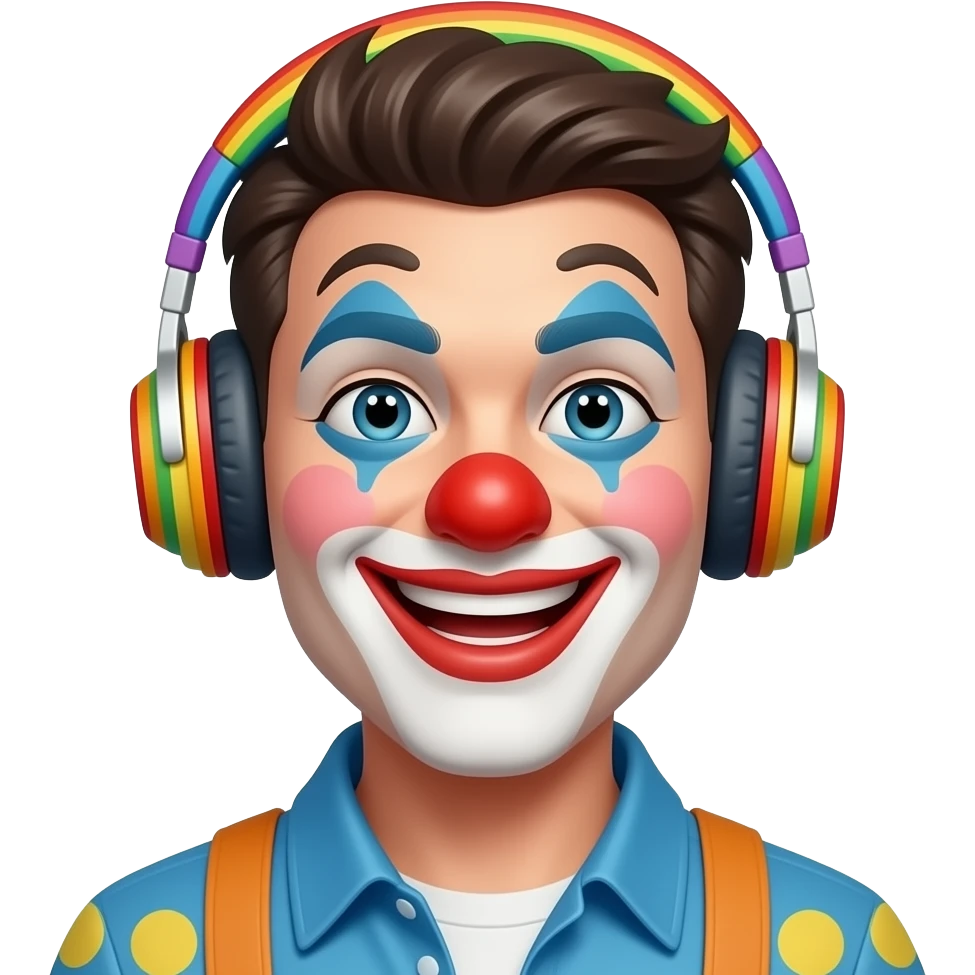 clown male, colorful headphone emoji