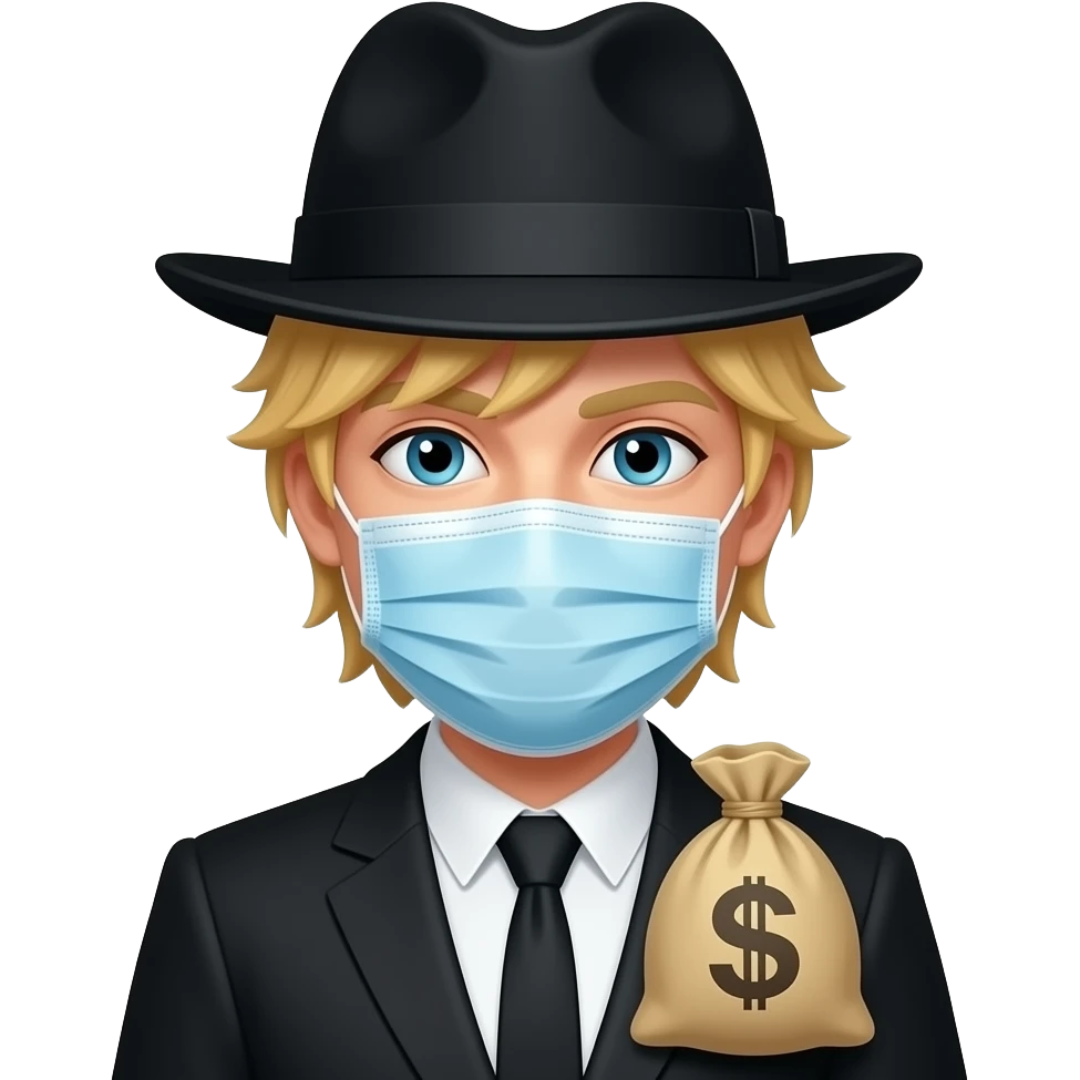 눈을가리는 복면을쓰고금발에 검은모자를쓰고있고 손은안보이고 돈가방만 보이는 emoji