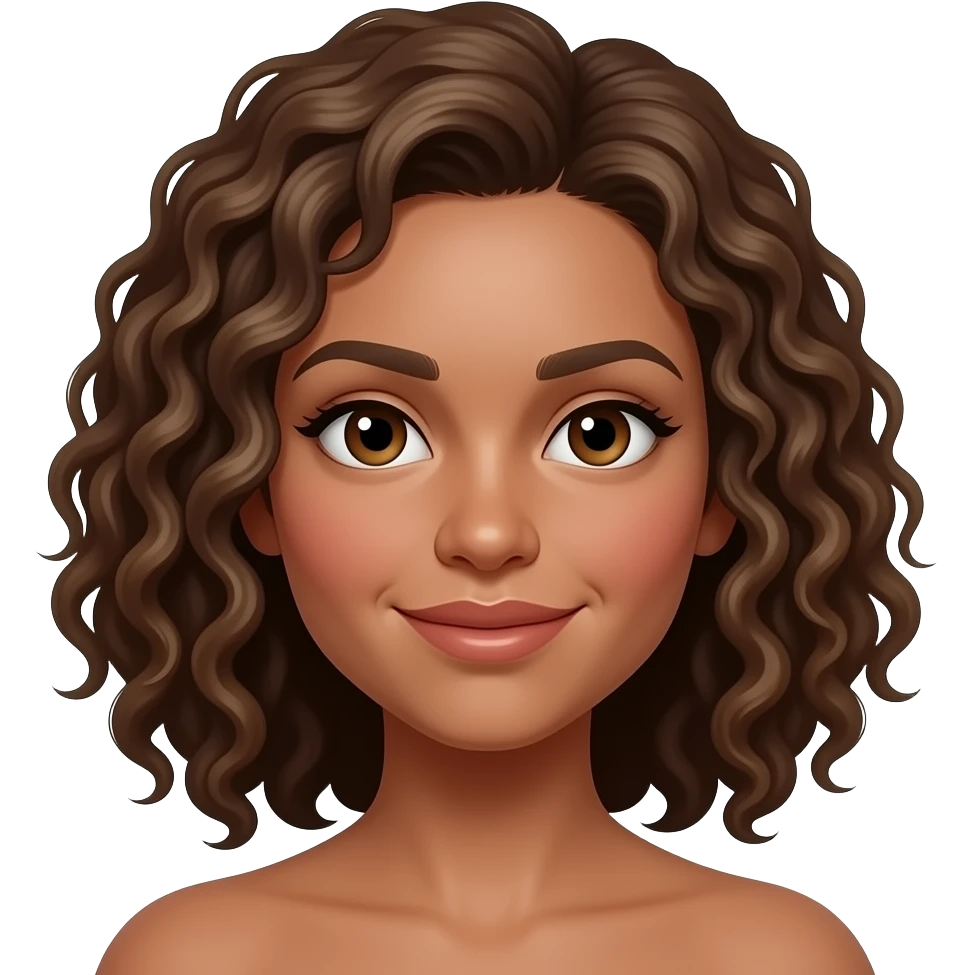 light brown hair, medium length, tightly curly hair, brown skin , brown eyes emoji