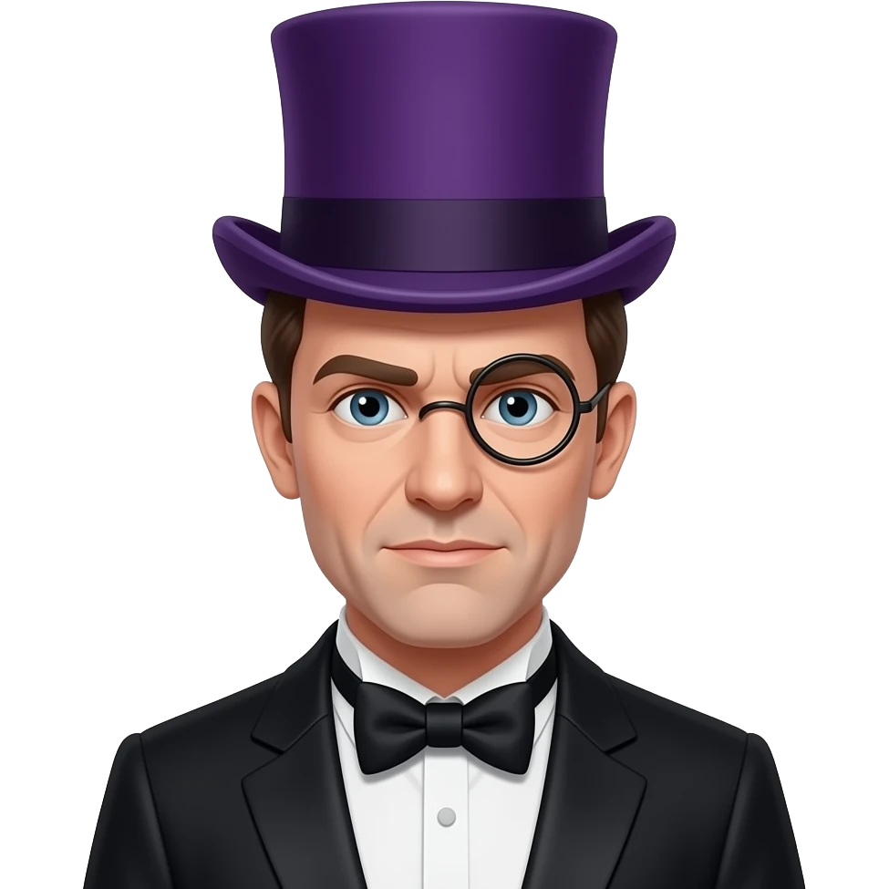 Young Burgess Meredith as the Penguin, wearing a black tuxedo and a purple top hat, and a monocle, serious face emoji