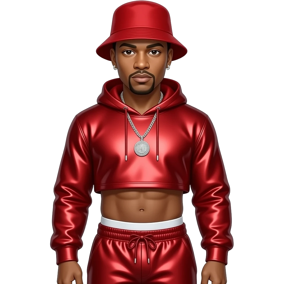 LL Cool J with bald, red bucket hat, red metallic sweatshirt crop top, red metallic sassy joggers with white undies, necklace and earrings emoji