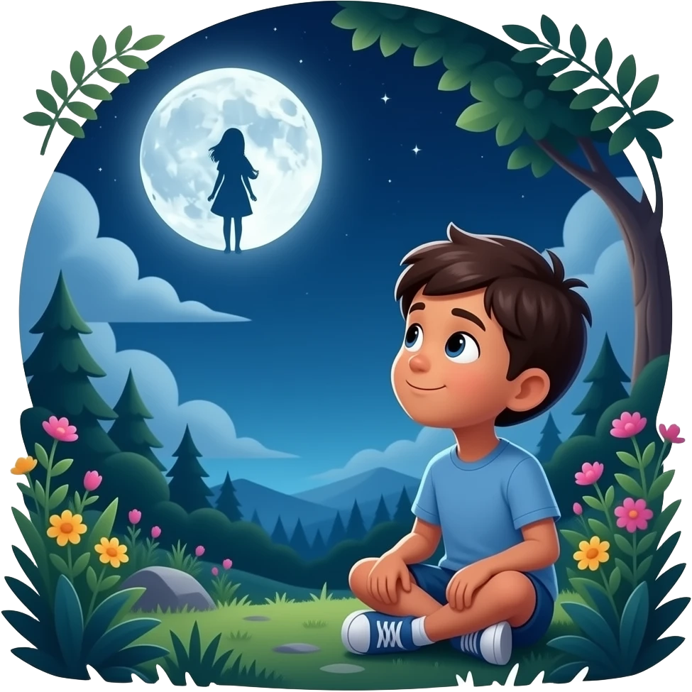 একটি ছেলে জোসনা রাতে চাঁদের নিচে বসে চাঁদের দিকে তাকিয়ে আছে চাঁদের মধ্যে একটি মেয়ের ছবি দেখা যাচ্ছে সুন্দর একটা প্রাকৃতিক ব্যাকগ্রাউন্ড   fame:9:16 emoji