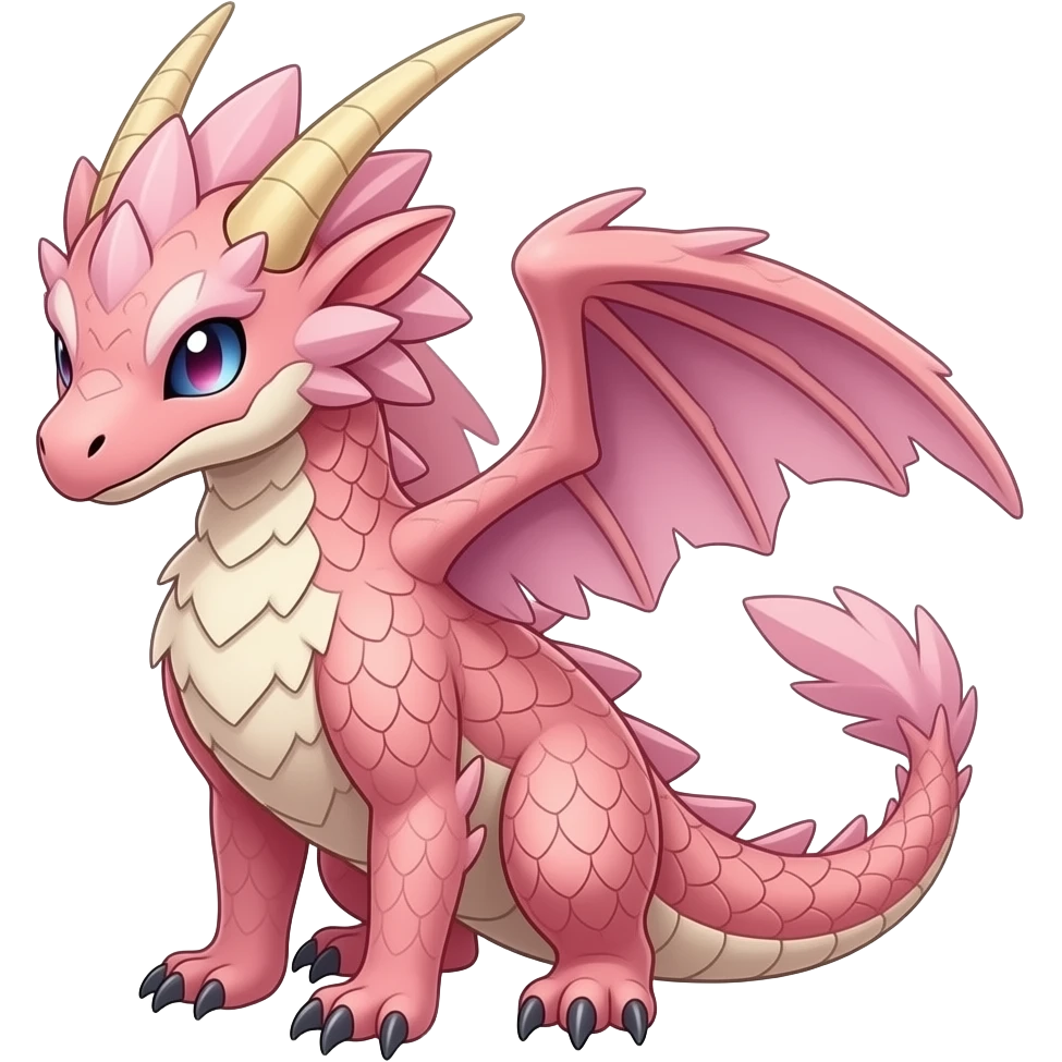 Floral rosy rose-colored blushing romantic beautiful gorgeous attractive pretty Raptorik scaley feathery horned Amaura-Wargreymon-Aurorus-ExVeemon-WereGarurumon-Pokémon-Fakémon-hybrid-fusion-creature, full body emoji