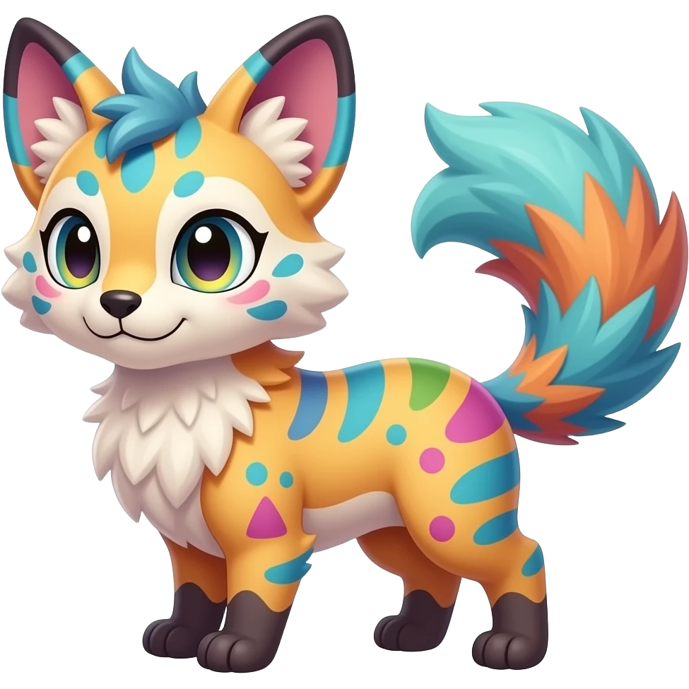 Feral Rare Fantasy vibrant colorful tropical cute, kawaii, cool, ed Vernid-Trico-species by LiLaiRa, random markings, tufted tail, tufted ears, full body, cheek markings emoji
