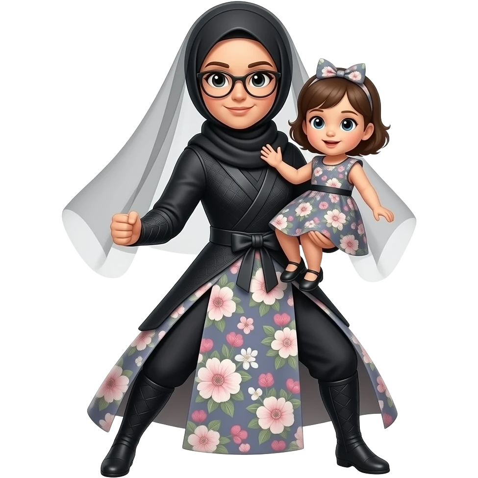 ام محجبة  و منقبة مثل نينجا ترتدي فستان انيق مع زهور في الفستان   مع طفلة رضيعة ترتدي فستان emoji