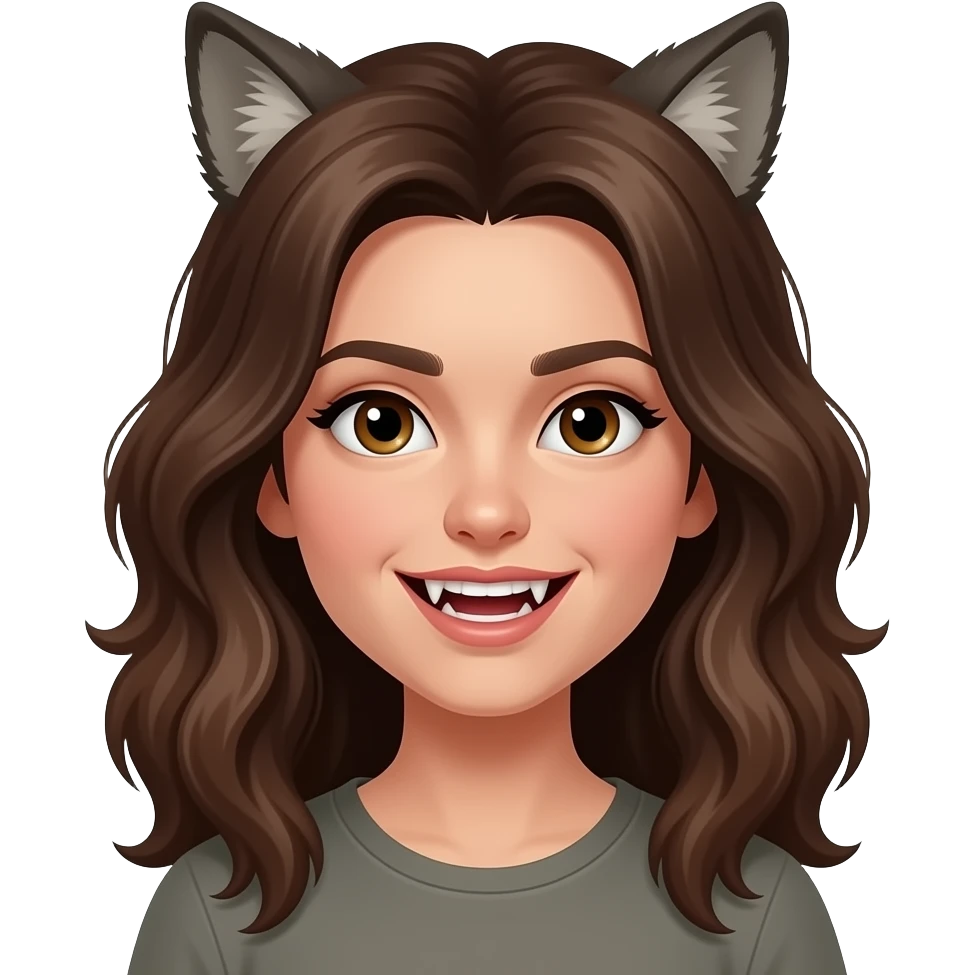 Werewolf girl with brown hair wavy hair, fangs young adult emoji