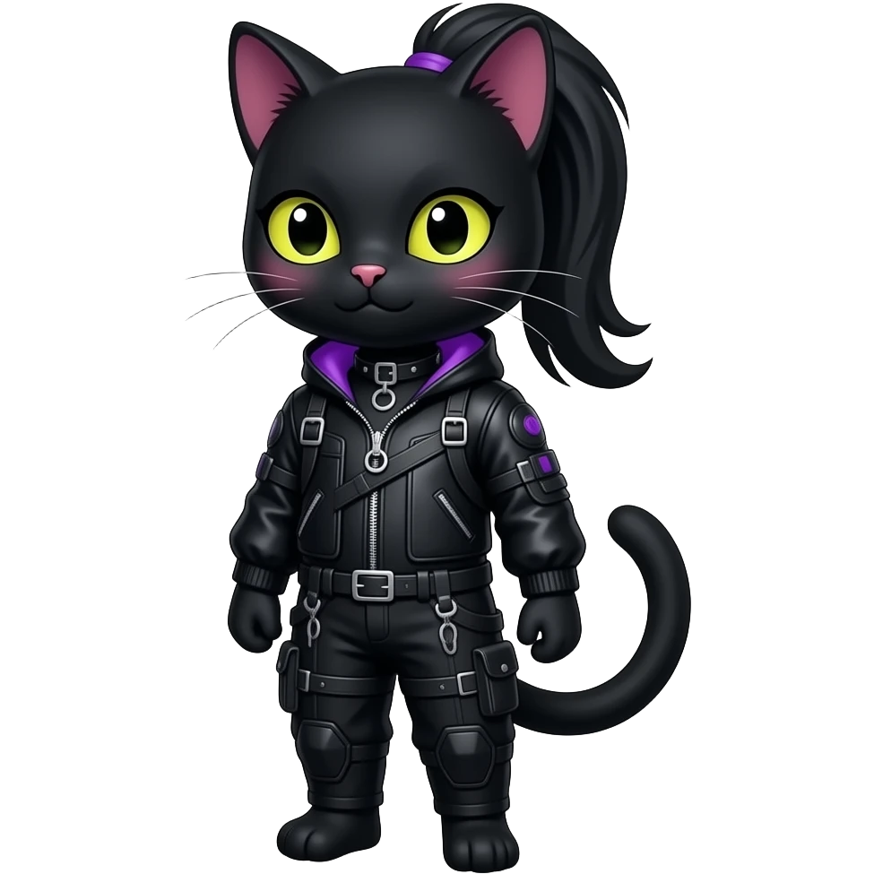 Gorgeous furry gothic dark techwear anime style anthro black cat furry sona Fakemon with blushing face yellow-green eyes with ponytail, aesthetic and pretty edgy black with violet collar and harness trending style emoji