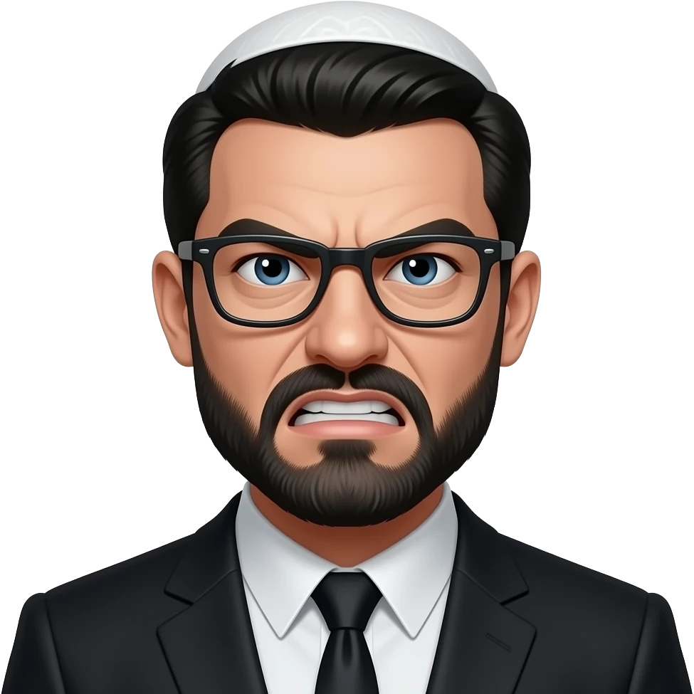 A man with black and White costume, white skin, Big n’ose, black haïr, glasses, a kippa on the head and who looks angry emoji