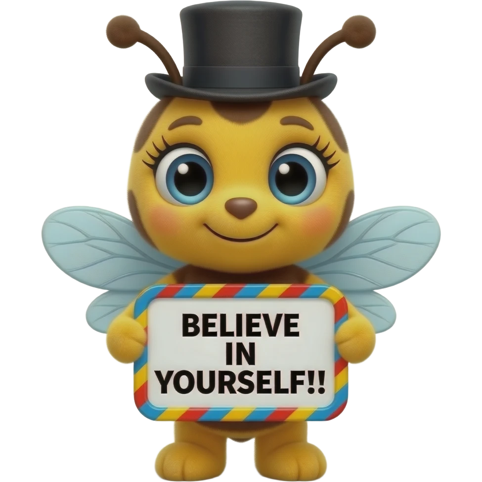 Create a super cute stuffed Animal which Looks Like a yellow, orange and brown bee facing front with big eyes and long eyelashes  with a black top hat holding a blue, red, yellow striped ondulated frame sign with in front of its chest that says in a big black font "BELIEVE IN YOURSELF!!!" emoji