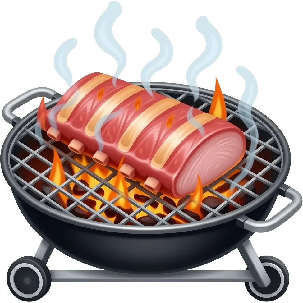 Ribs smoking on a standing weber grill with fire emoji